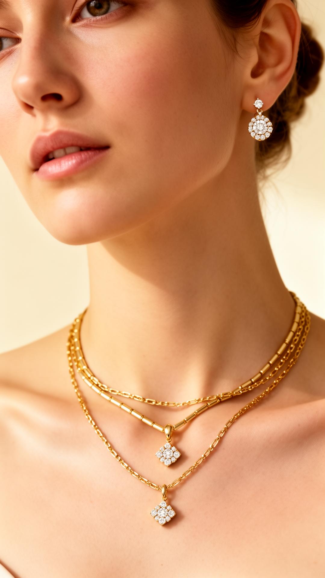Model wearing layered 18k gold and diamond jewelry